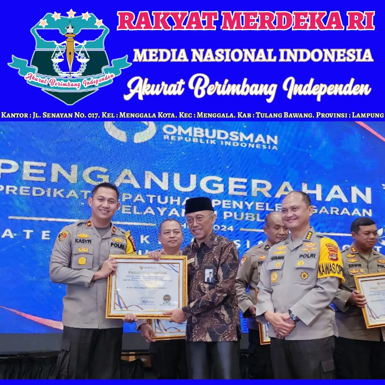 Polres Tulang Bawang Raih Predikat Terbaik 1 Yanlik Tahun 2024 Dari Ombudsman RI