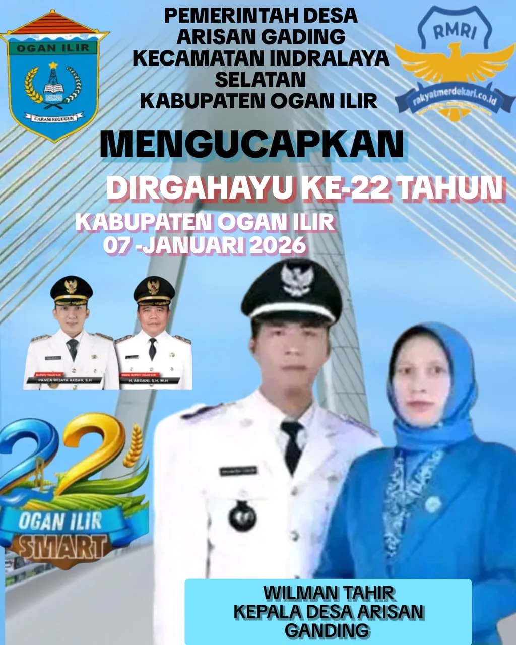 Kepala Desa Arisan Gading Beserta Jajaran Perangkat Desa Mengucapkan Dirgahayu Ke-22 Tahun Kabupaten Ogan Ilir
